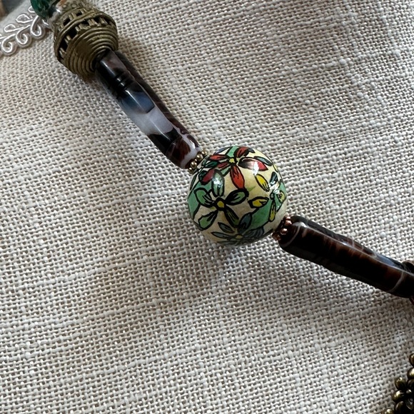 Handpainted beads and cheetah face pendant necklace African beads brass choker - Picture 7 of 9